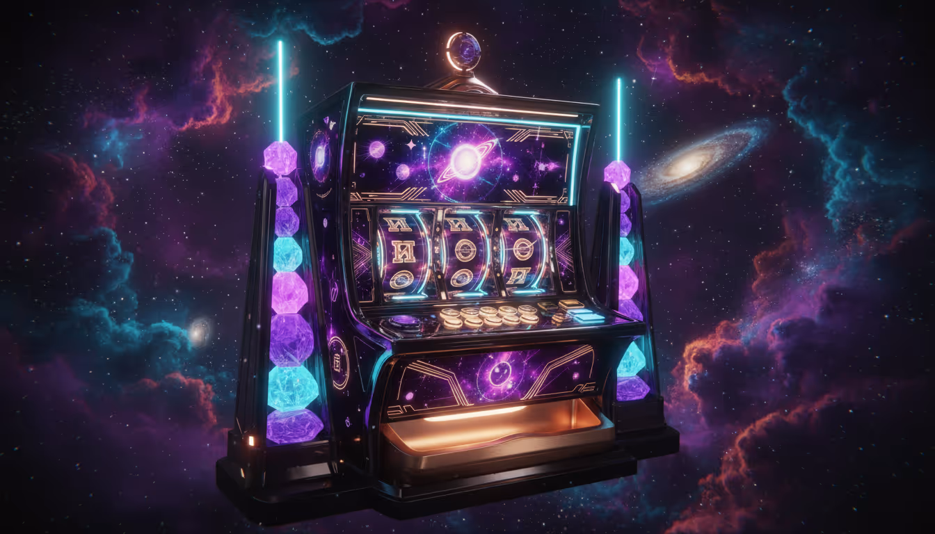 Vibrant cosmic nebula with glowing stars, planets, and slot reels in a galactic casino theme