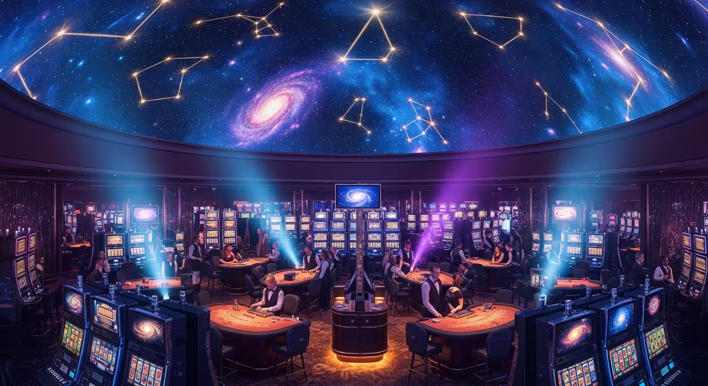 Glödande maskhålsportal som virvlar ovanför Nebula Casinos spelhjul med kaskader av jackpottar och kosmiskt ljus